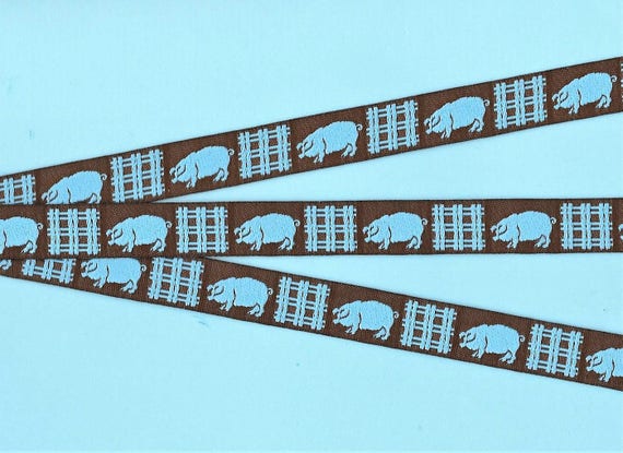 ANIMALS/Farm C-07-C Jacquard Ribbon Poly Trim, 5/8" Wide (16mm) Wilbur the Pig, Brown Background Blue Pigs and Lattice Fences