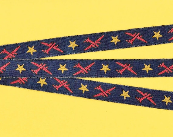 NOVELTY/PLANES C-01-B Jacquard Ribbon Poly Trim 5/8" Wide (16mm) "Distressed" Dark Navy Background w/Red Airplanes, Yellow Stars, Per Yard