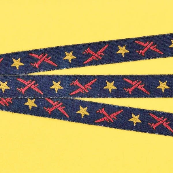 NOVELTY/PLANES C-01-B Jacquard Ribbon Poly Trim 5/8" Wide (16mm) "Distressed" Dark Navy Background w/Red Airplanes, Yellow Stars, Per Yard