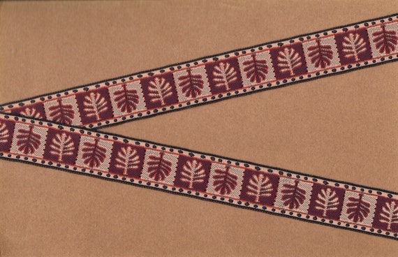 NOVELTY/Leaves F-01-A Jacquard Ribbon Poly Trim 1" Wide (25mm) Block Design of Autumn Leaves/Trees in Burgundy, Tan & Brown Tones, Per Yard