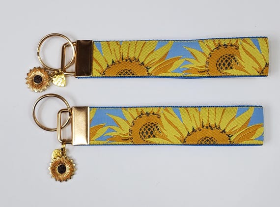 FLORAL Jacquard Ribbon/Nylon Web 1" wide (25mm) Key Fobs, Blue w/Sunflowers & Charms, Keychain, Key Wristlet, Luggage Tags, 5.5" long