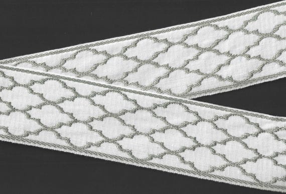 GEOMETRIC M-03-A Jacquard Ribbon Poly Trim 2-3/4" wide (68mm) White w/Gray Lattice Design