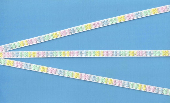 FLORAL A-07-B Jacquard Ribbon Cotton Trim 5/16" wide White Background w/Variegated Pastel Blue, Mint, Pink & Yellow Flowers
