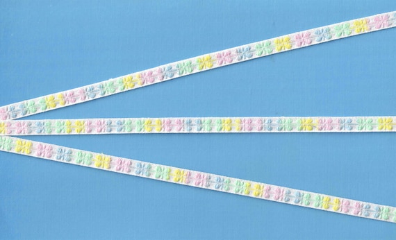 FLORAL A-07-B Jacquard Ribbon Cotton Trim 5/16" wide White Background w/Variegated Pastel Blue, Mint, Pink & Yellow Flowers