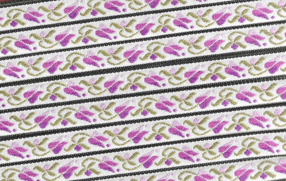 FLORAL B-10-F Jacquard Ribbon Rayon/Poly Trim, 1/2" Wide (13mm) White w/Black Borders, Variegated Purple Tulips/Dots, Olive Leaves