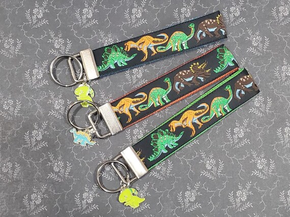 Jacquard Ribbon/Nylon Web 1" wide (25mm) Key Fobs Bright Dinosaurs w/Charms, Wristlet, Luggage Tags 5.5" long