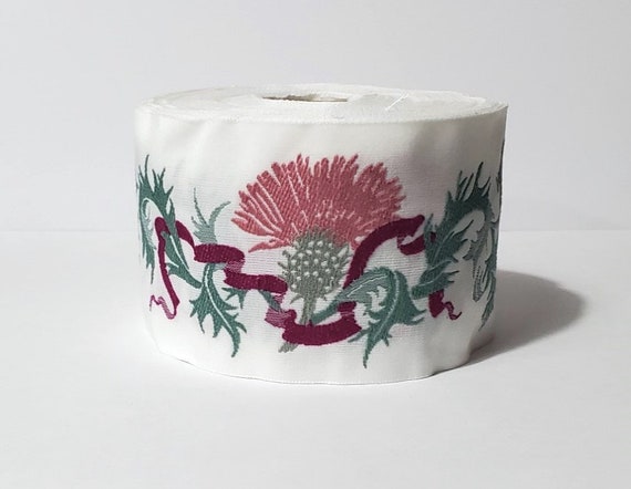 KAFKA K-01/10 Jacquard Ribbon Woven Organic Cotton Trim 2" wide (50mm) Off-White w/Rose Pink Thistles, Plum Ribbons, 2-Tone Green Leaves