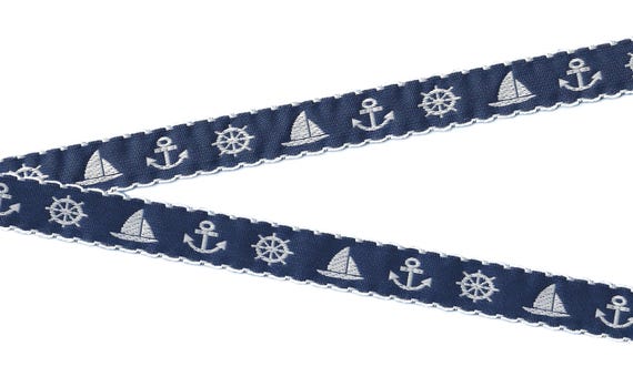 CHILDREN's NAUTICAL C-35-A Jacquard Ribbon Poly Trim 3/4" wide (20mm) VINTAGE Navy w/White Nautical Emblems, Picot Edging