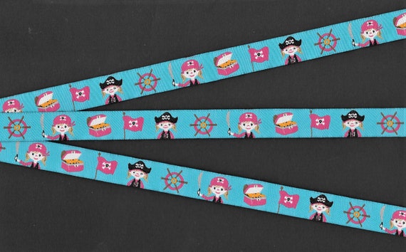 CHILDREN's C-05-A Jacquard Ribbon Poly Trim 5/8" Wide (16mm) Pirate Girls in Hats, w/Cutlasses, Flags & Treasure Chests on Blue