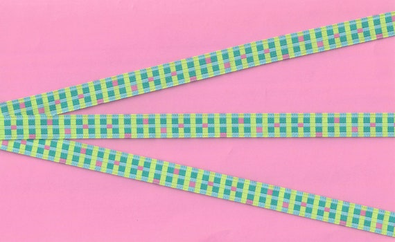 CHECKS B-01-A Jacquard Ribbon Polyester Trim 1/2" Wide (13mm) Lime Green, Bright Pink & Green Check Design