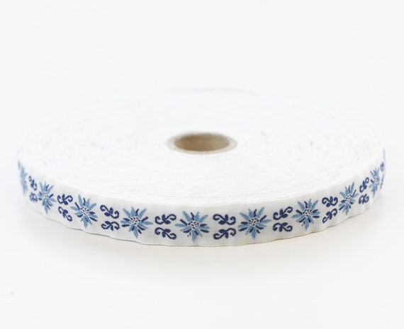 KAFKA C-03/07 Jacquard Ribbon Woven Organic Cotton Trim 5/8" wide (16mm) White with Dk Blue/Lt Blue Edelweiss Flowers & Accents