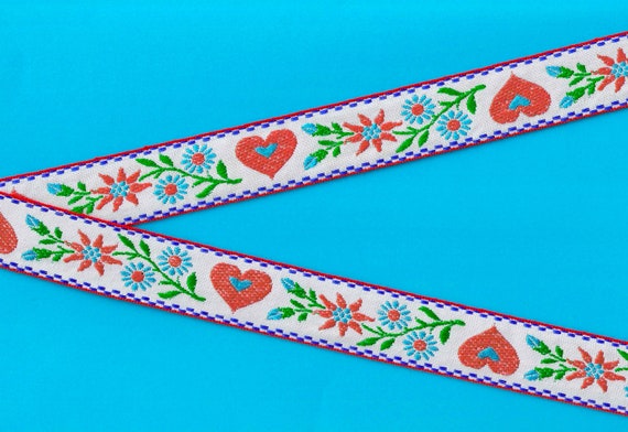 HEARTS/FLOWERS F-05-A Jacquard Ribbon Polyester Trim 15/16" wide (24mm) White Background, Red Hearts, Red & Turquoise Flowers, Green Leaves