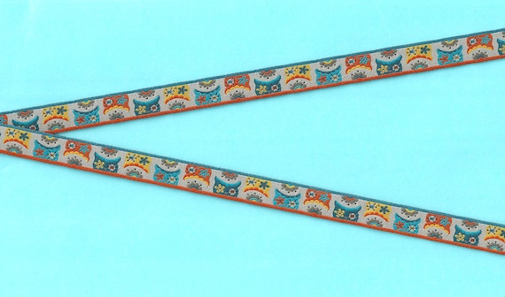 ANIMALS/Birds B-04-A Jacquard Ribbon Poly Trim 1/2" Wide (13mm) Farbenmix, Made in Germany, Multi-Colored Owl Faces on Gray