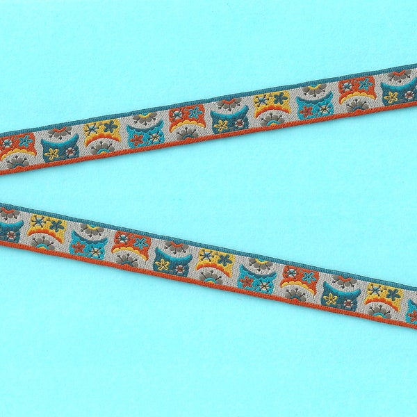 ANIMALS/Birds B-04-A Jacquard Ribbon Poly Trim 1/2" Wide (13mm) Farbenmix, Made in Germany, Multi-Colored Owl Faces on Gray