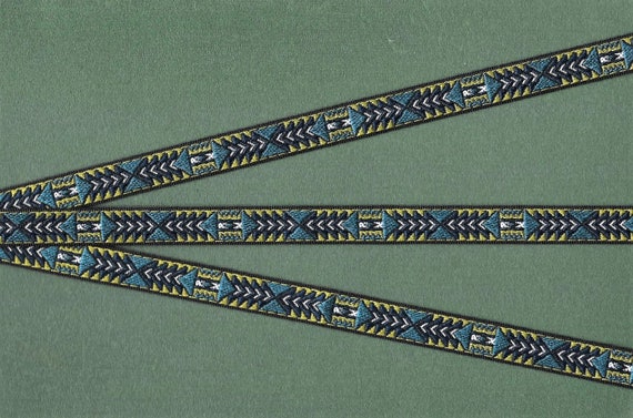 NATIVE AMERICAN B-12-B Jacquard Ribbon Polyester Trim 7/16" wide (12mm) Southwest Black, Navy, White & Olive Green Tribal Pattern