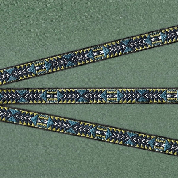 NATIVE AMERICAN B-12-B Jacquard Ribbon Polyester Trim 7/16" wide (12mm) Southwest Black, Navy, White & Olive Green Tribal Pattern