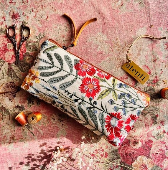 ATENTI "WILDFLOWERS" Embroidered Canvas Tall Tool Needle Arts/Knitting Accessory Pouch, Handmade USA