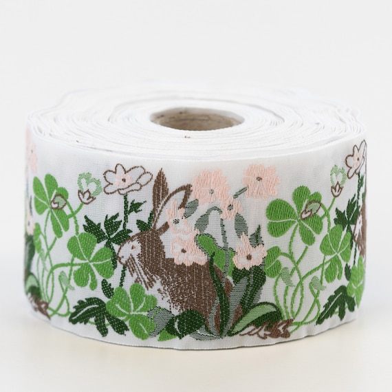 KAFKA K-04/06 Jacquard Ribbon Woven Organic Cotton Trim 2" wide (50mm) FREE BUTTON! White w/Rabbits, Lt Peach Flowers & Green Garden