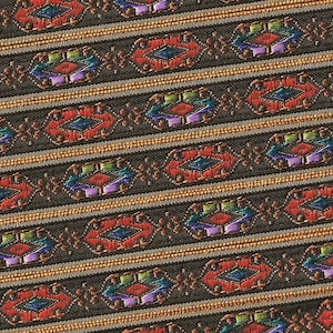GEOMETRIC B-24-C Jacquard-Band-Polyesterstreifen 14 mm breit Schwarz mit Senf-Gold-Rändern, Motiv Braun, Orange, Lila, Blau, Grün