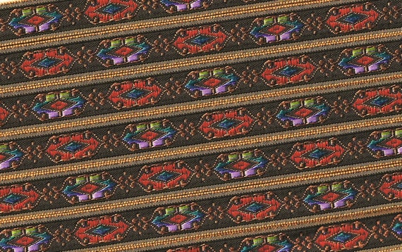 GEOMETRIC B-24-C Jacquard Ribbon Polyester Trim 9/16" wide (14mm) Black w/Mustard Gold Borders, Brown, Orange, Lilac, Blue, Green Motif