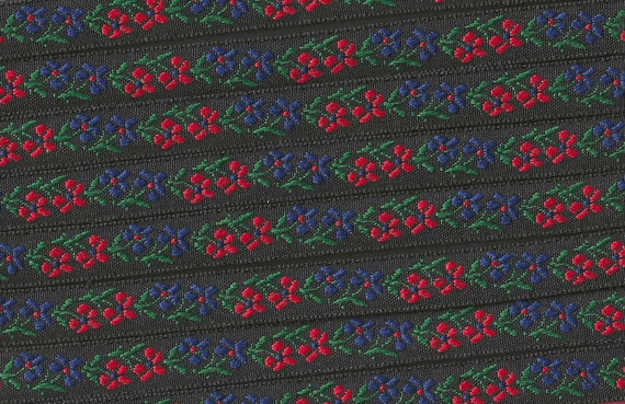 FLORAL B-21-A Jacquard Ribbon Poly Trim 1/2" Wide (13mm) Black Background White Royal Blue & Red Flowers, Green Leaves/Stems