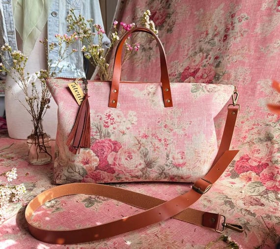 ATENTI Handmade Bags "ROSEWOOD" Floral Pattern in Warm Shades of Pink, Needle Arts Organizer Bag, Carry-On Luggage, Diaper Bag, USA Made