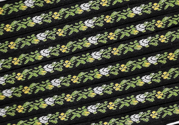 FLORAL A-08-P Jacquard Ribbon Poly Trim 7/16" wide Black Background w/Petite Yellow & White Flowers, Green Leaves