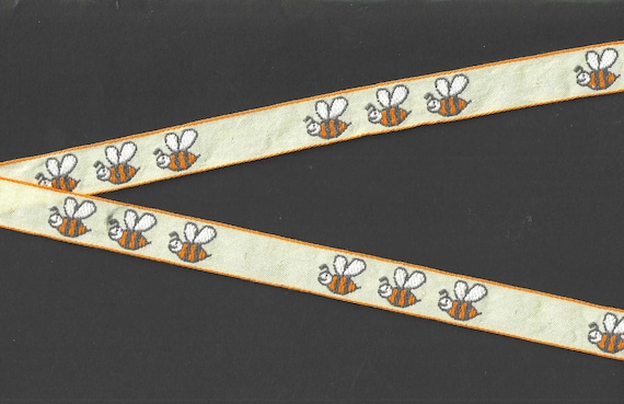 INSECTS C-10-C Jacquard Ribbon Cotton Trim 5/8" Wide (16mm) Pastel Yellow Background w/Trio of Bumble Bees in White, Orange & Gray