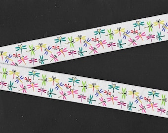 INSECTS F-04-A Jacquard Ribbon Polyester Trim 1" Wide (25mm) White Background w/Multi-Colored Small Dragonflies