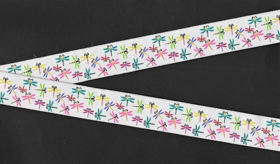 INSECTS F-04-A Jacquard Ribbon Polyester Trim 1" wide (25mm) White Background w/Bright, Happy Multi-Colored Small Dragonflies