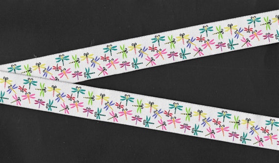 INSECTS F-04-A Jacquard Ribbon Polyester Trim 1" Wide (25mm) White Background w/Multi-Colored Small Dragonflies