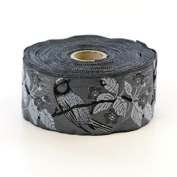 KAFKA H-12/09 Jacquard Ribbon Organic Cotton Trim 1-1/2" wide (38mm) Black w/Silver Iridescent Titmouse Birds, Gray Cherry Blossoms