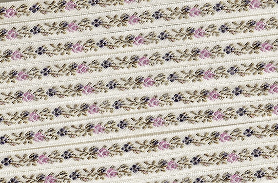 FLORAL A-08-A Jacquard Ribbon Poly Trim 3/8" wide (9mm) Off-White w/Pink & Purple Flowers, Tan Leaves