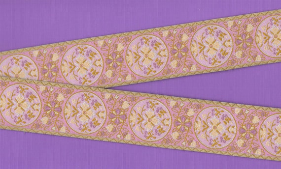 FLORAL H-31-C Jacquard Ribbon Polyester Trim 1-1/2" wide (38mm) Lilac w/Tan Borders, Medallion Design in Ivory/Gold/Purple, Per Yard