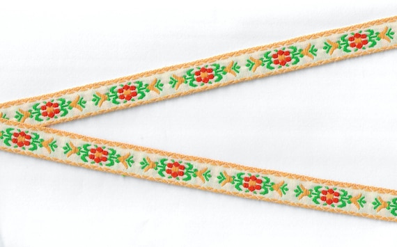 FLORAL C-03-E Jacquard Ribbon Cotton Trim 5/8" wide (16mm) Off-White w/Orange/Yellow Flowers, Green Leaves