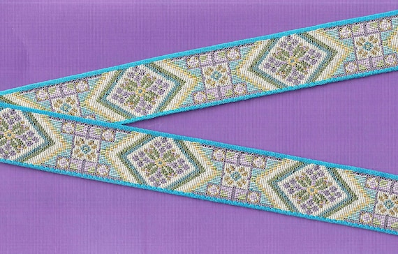 FLORAL TAPESTRY G-01-D Jacquard Ribbon Polyester Trim 1-1/4" wide (32mm) Lt Gray w/Blue Borders, Lilac, Green, Gold & Blue