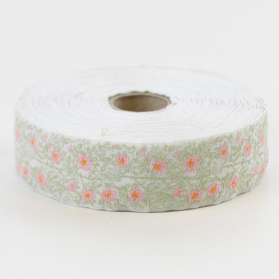 KAFKA F-02/21 Jacquard Ribbon Woven Organic Cotton Trim 1" wide (25mm) White background w/Pink & Orange Wild Roses, Lt Green Leaves/Vines