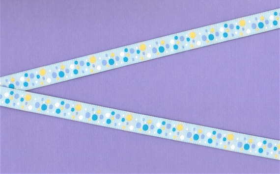 POLKA DOTS B-03-A Jacquard Ribbon Poly Trim 1/2" wide (13mm) "Pastel Bubbles" Pale Blue w/Turquoise, Lilac, White & Yellow Dots