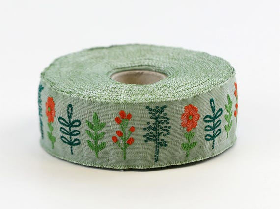 KAFKA F-12/01 Jacquard Ribbon Woven Organic Cotton Trim 1" wide (25mm) Green Background w/Orange & Dark Green Flowers, Green Stems/Leaves