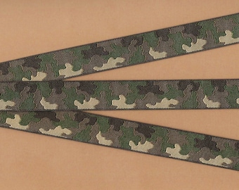 GEOMETRIC E-04 Jacquard Ribbon Poly Trim, 7/8" Wide (22mm) Original Woodland Camouflage Pattern Olive Green, Khaki, Black/Brown