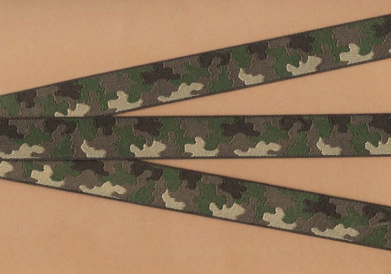 GEOMETRIC E-04 Jacquard Ribbon Poly Trim, 7/8" Wide (22mm) Original Woodland Camouflage Pattern Olive Green, Khaki, Black/Brown, Per Yard