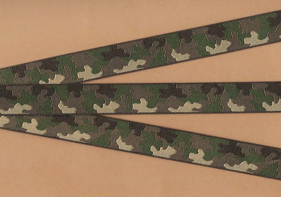 GEOMETRIC E-04 Jacquard Ribbon Poly Trim, 7/8" Wide (22mm) Original Woodland Camouflage Pattern Olive Green, Khaki, Black/Brown