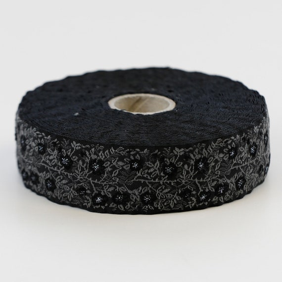 KAFKA F-02/15 Jacquard Ribbon Woven Organic Cotton Trim 1" wide (25mm) Black w/Black Wild Roses, Iridescent Accents & Gray Leaves/Vines