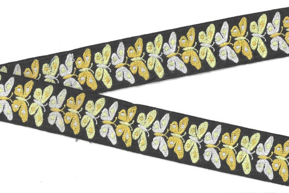 INSECTS G-06-D Jacquard Ribbon Cotton Trim 1-3/8" Wide (34mm) VINTAGE Black Linen Background w/White, Pale Yellow & Yellow Retro Butterflies