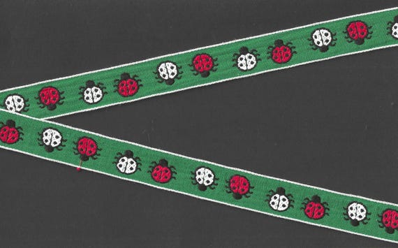 INSECTS D-06-A Jacquard Ribbon Cotton Trim 13/16" wide (21mm) VINTAGE Green w/Red & White Ladybugs