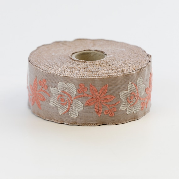 KAFKA G-16/13 Jacquard Ribbon Woven Organic Cotton Trim 1-5/16" wide (32mm) Tan Background, Beige "Alpine Rose" Flowers Apricot Leaves/Stems