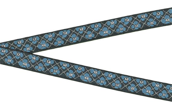 FLORAL D-37-A Jacquard Ribbon Poly Trim 3/4" wide (20mm) Dark Teal w/Blue Flowers, Mint Green Lattice