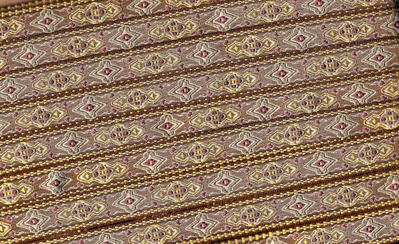 GEOMETRIC C-06-L Jacquard Ribbon Poly Trim 5/8" wide (16mm) Lt Brown w/Gray Yellow Olive Plum Renaissance