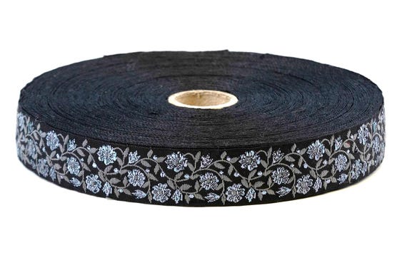 KAFKA D-03/11 Jacquard Ribbon Woven Organic Cotton Trim 3/4" wide (20mm) Black with Iridescent Silver Metallic Flowers, Dk Gray Leaves/Vines