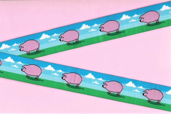 ANIMALS/Farm G-04-A Jacquard Ribbon Poly Trim 1-1/8" Wide (28mm) D. Paquette, Blue Sky Background w/Clouds, Green Grass Pink Pigs
